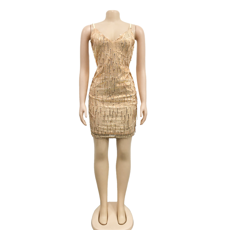 Women's solid color sequined sleeveless V-neck backless dress for women_autovado.com
