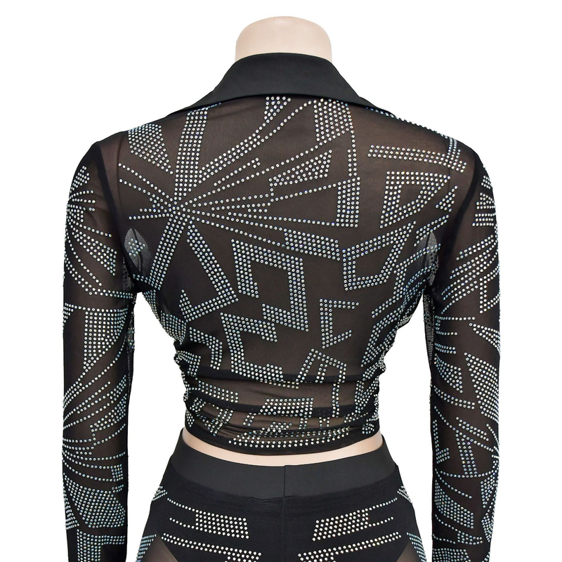 Women's Clothing fashion women's solid color mesh hot diamond long-sleeved trousers two-piece set_autovado.com