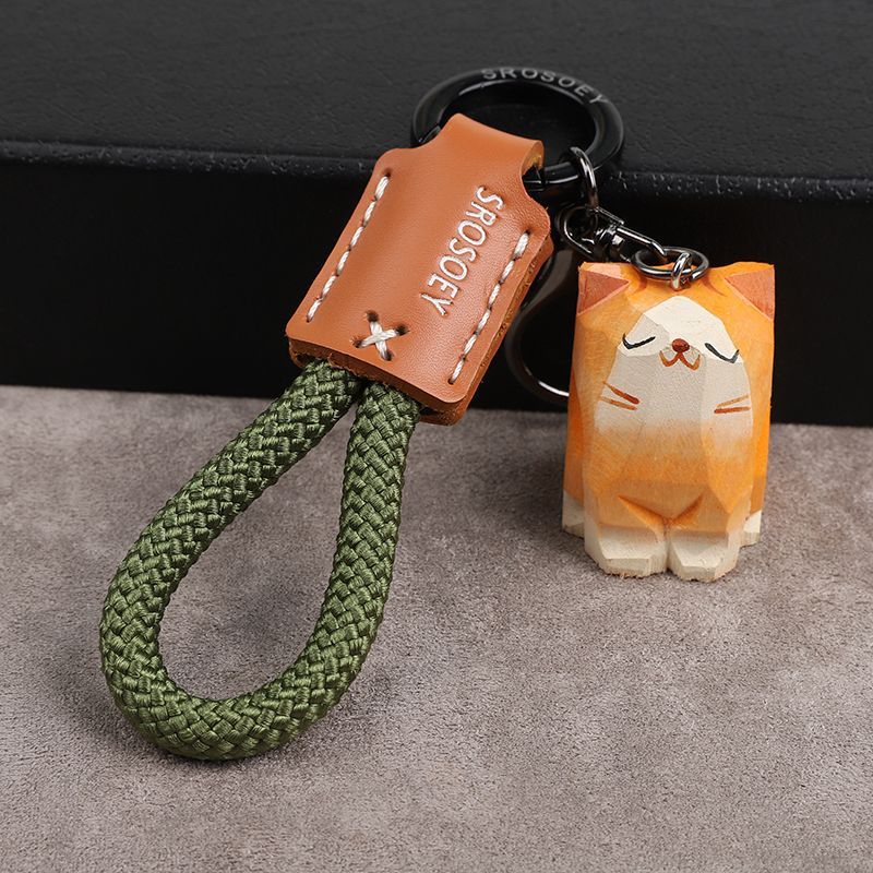 Hand Carved Wood Carved Cat Peace Six Word Mantra Braided Keychain Chain Ring Car Schoolbag Pendant Exquisite Pendant_autovado.com