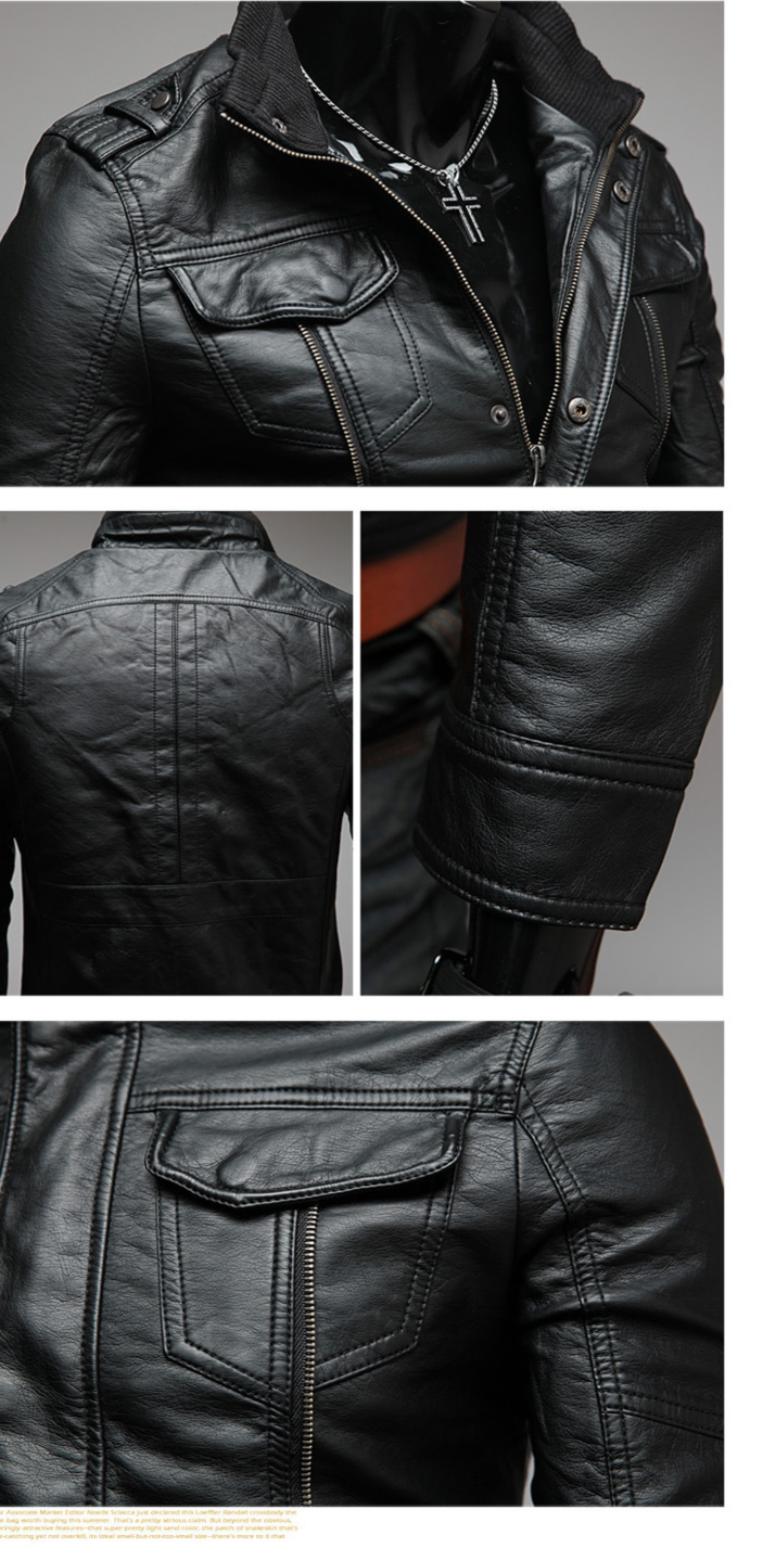 Men's Clothing Autumn and Winter New Pockets Multi zipper Men's Stand Collar Motorcycle Leather Jacket Leather Jacket A153_autovado.com