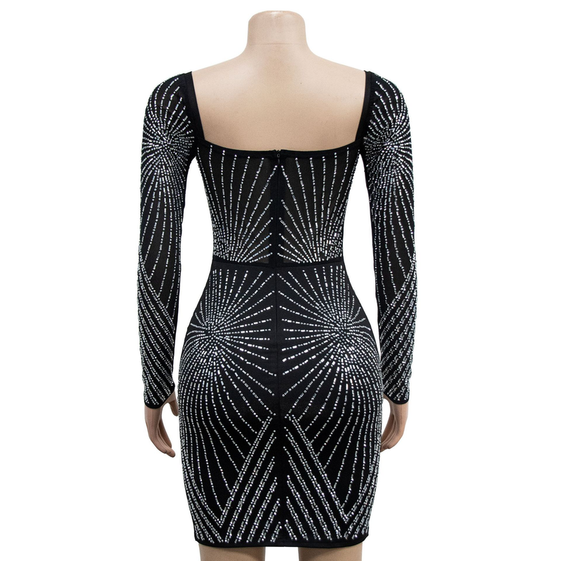 Women's solid color mesh rhinestone long-sleeved short skirt dress_autovado.com