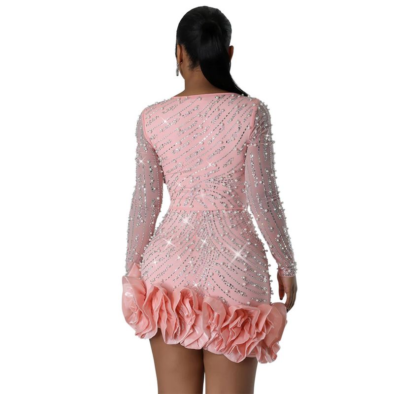 Women's Clothing Hot Diamond And Bubble Bead Dress Short Skirt For Women, Fashionable Long Sleeves And Square Collar_autovado.com