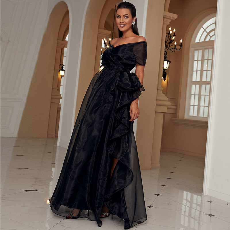 Women's Clothing Adult Black One-word Collar Low-cut Mesh Stitching Pprincess Temperament High-end Evening Dress_autovado.com
