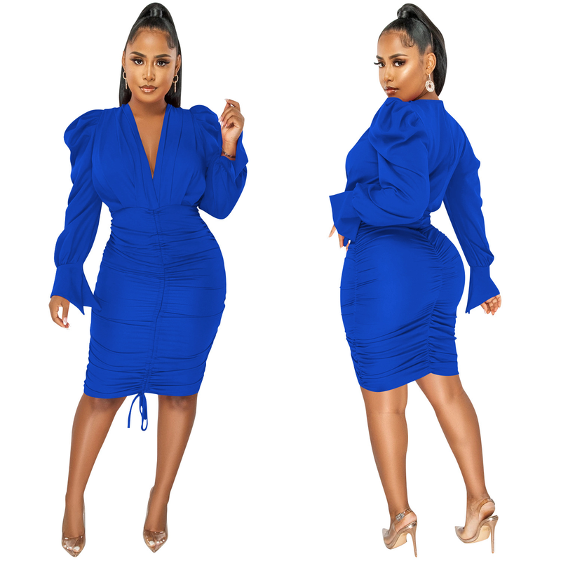 Women's Clothing fashion casual solid color long-sleeved pleated V-neck dress for women_autovado.com
