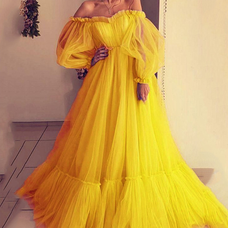 Women's 2023 off-the-shoulder mesh long sleeve wedding dress large hem dress Bridal Wear_autovado.com