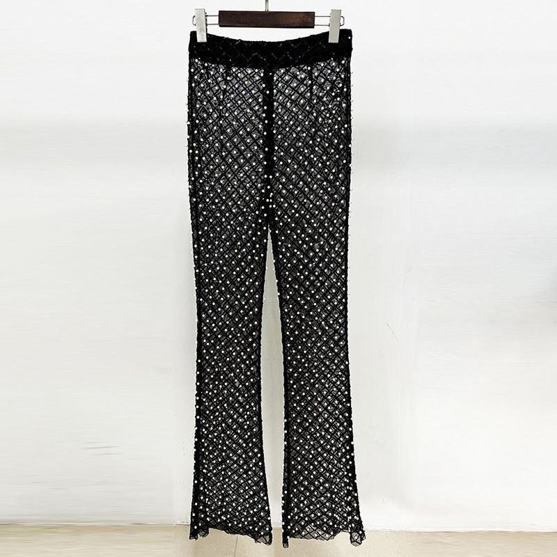 Women's Clothing New Style Hollow Beaded Three Dimensional Flower Suit Pearl Sequin Mesh Trousers Set_autovado.com
