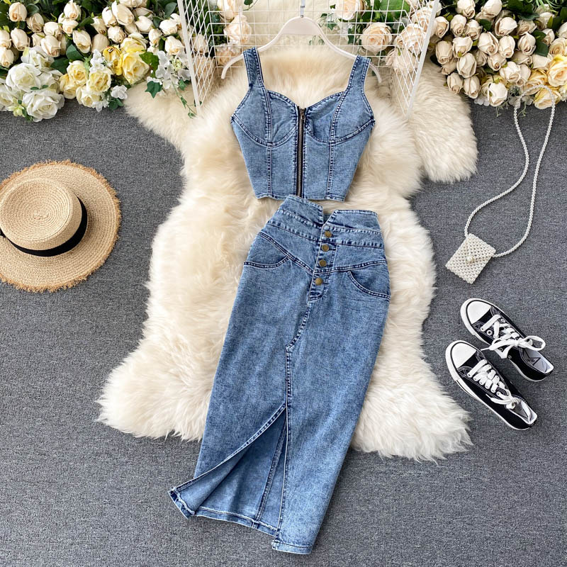 Women Sexy short camisole vest high waisted denim skirt_autovado.com