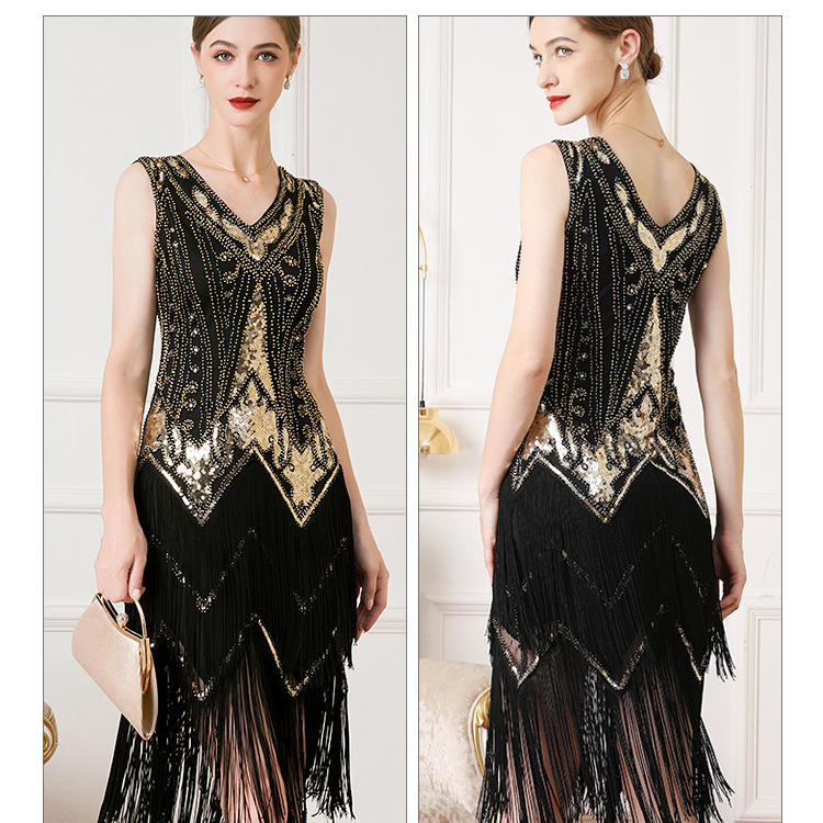 Women's retro 1920 V neck double layer fringed dress Gatsby cocktail ball sequin beaded dress_autovado.com