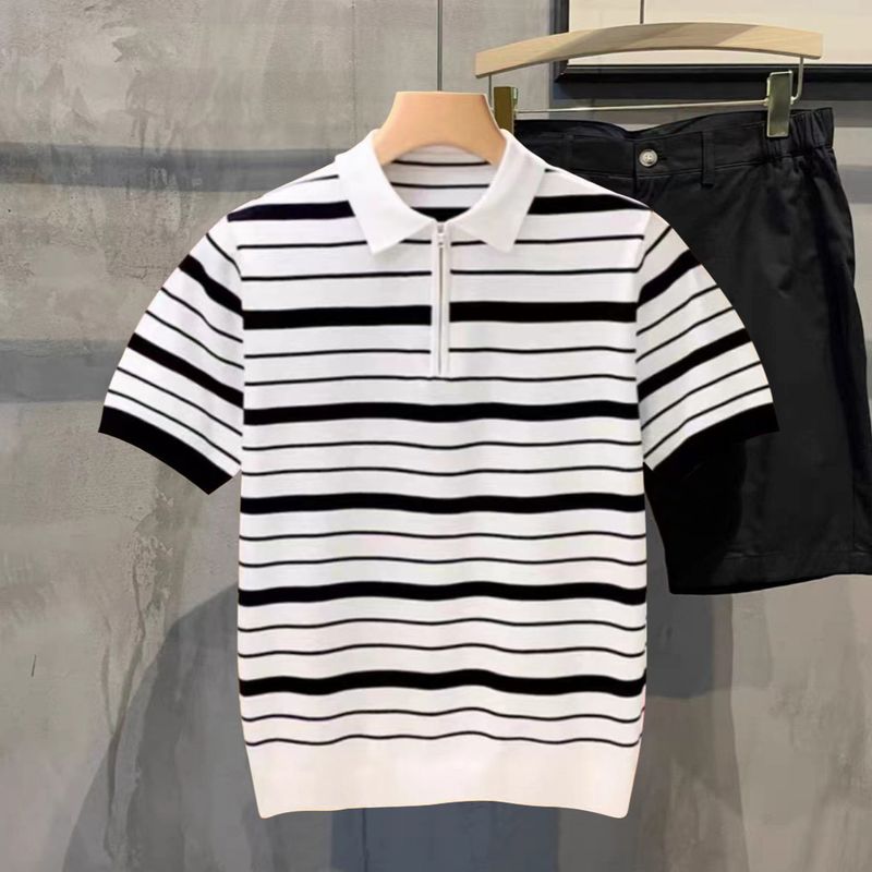Men's Clothing Summer light mature simple fashion high end striped polo shirt men's young youth slim half zip collar T shirt men_autovado.com
