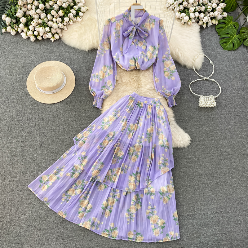 Women's Clothing light mature style, lantern long sleeves, bowknot, loose printed chiffon shirt, two-piece suit, high waist skirt_autovado.com