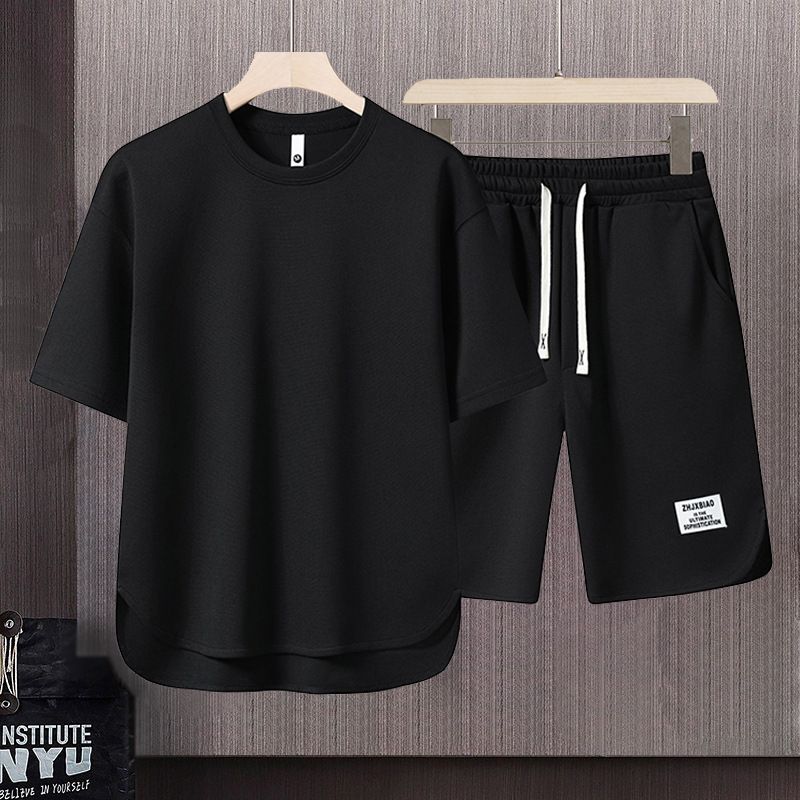 Men's Clothing Summer fashion brand new short sleeved T suit men's loose large size shorts set advanced handsome waffle two piece suit_autovado.com