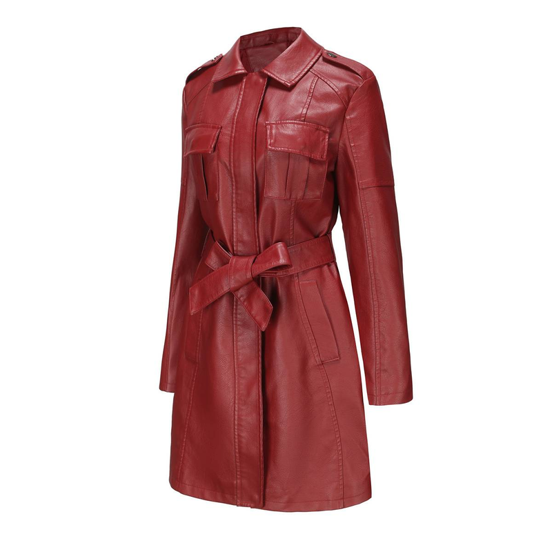 New mid-length leather coat with belt long-sleeved leather trench coat fashionable coat woman_autovado.com