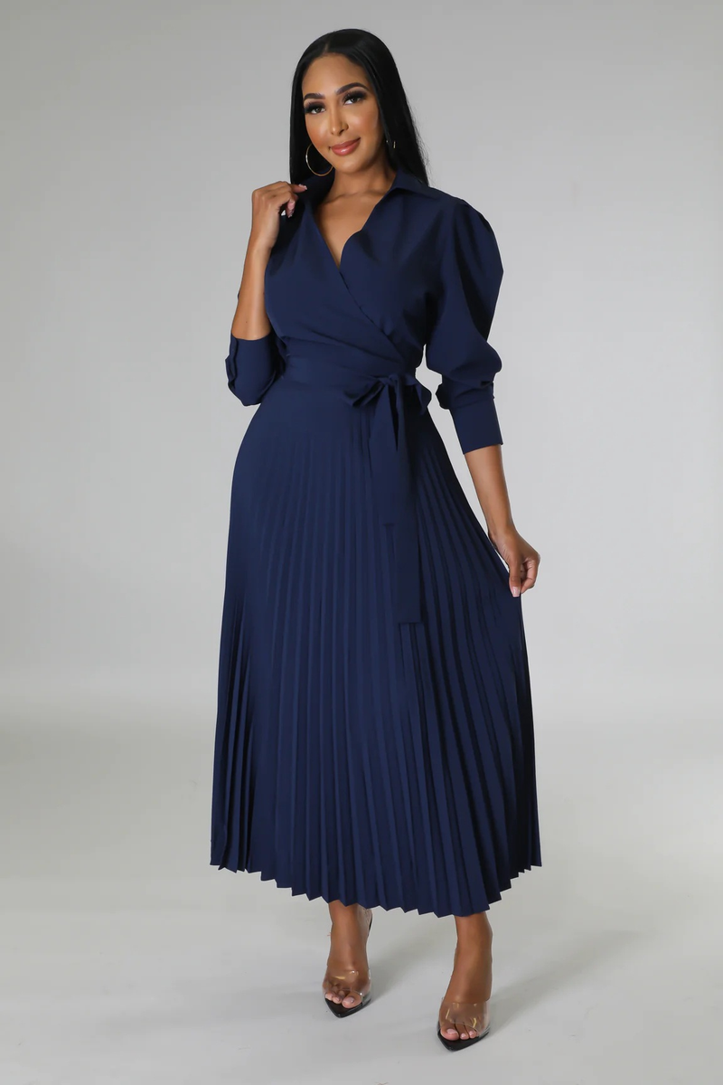 Long sleeved Polo collar high waist fashion casual pleated women's dress_autovado.com