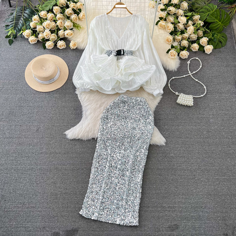 Women's fashion set female socialite temperament lantern long sleeve V-neck lotus leaf bright face shirt women's high waist sequin skirt_autovado.com