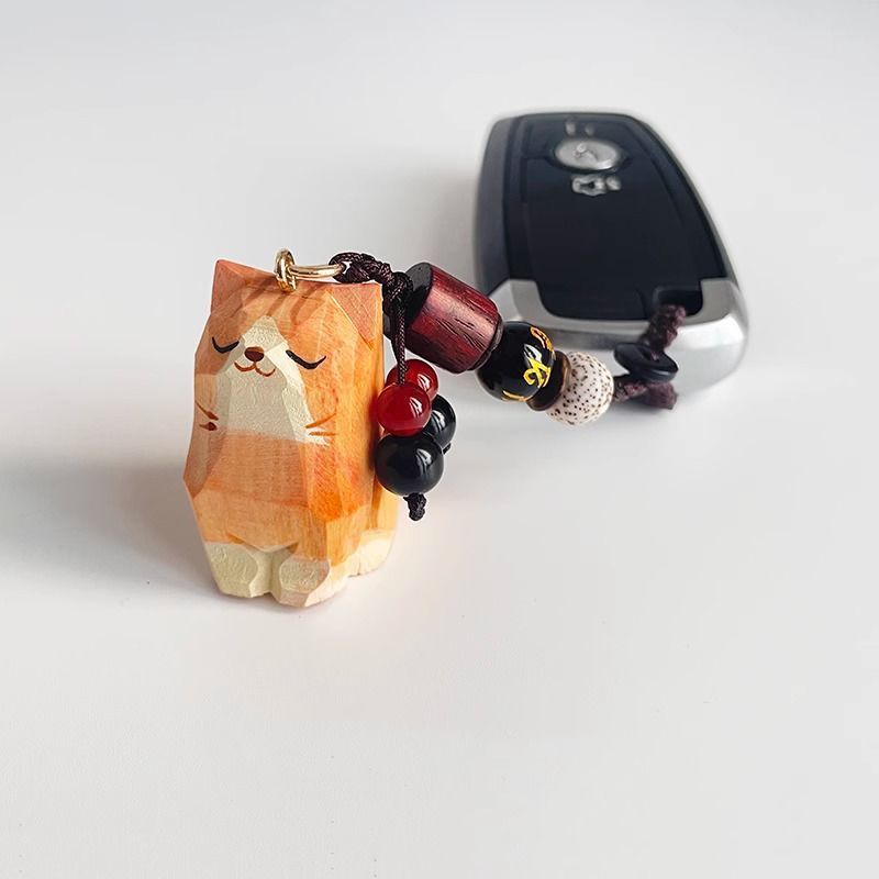 Hand Carved Wood Carved Orange Cat Shiba Inu Mi Ping An Six Character Mantra Woven Keychain Chain Ring Car Schoolbag Pendant Ornament_autovado.com