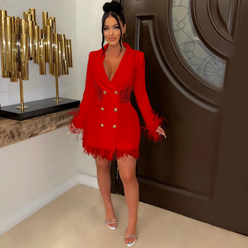 Women's fashion women's V-neck long-sleeved double-breasted tassel openwork dress_autovado.com