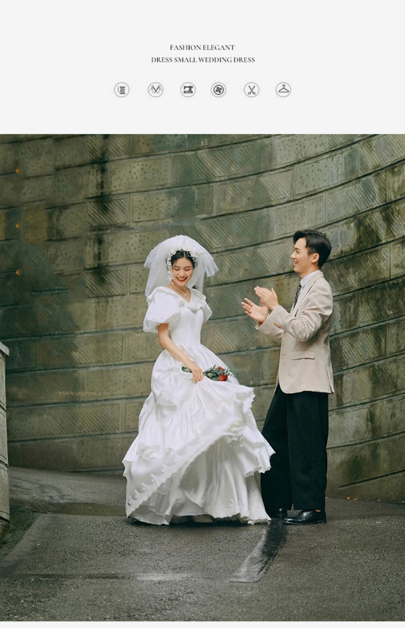 Retro vintage wedding dress, satin puff sleeves, slimming door veil, small French travel photography dress, wedding dress_autovado.com