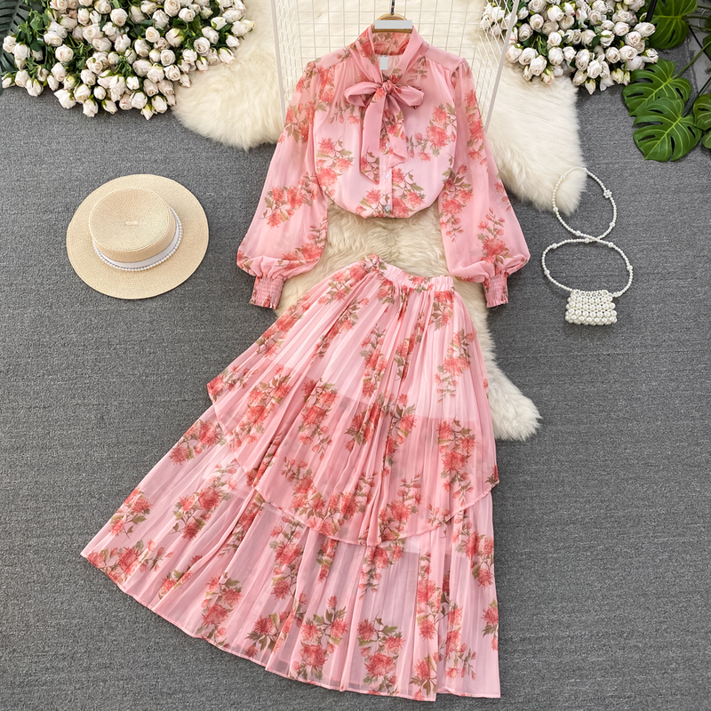 Women's Clothing light mature style, lantern long sleeves, bowknot, loose printed chiffon shirt, two-piece suit, high waist skirt_autovado.com