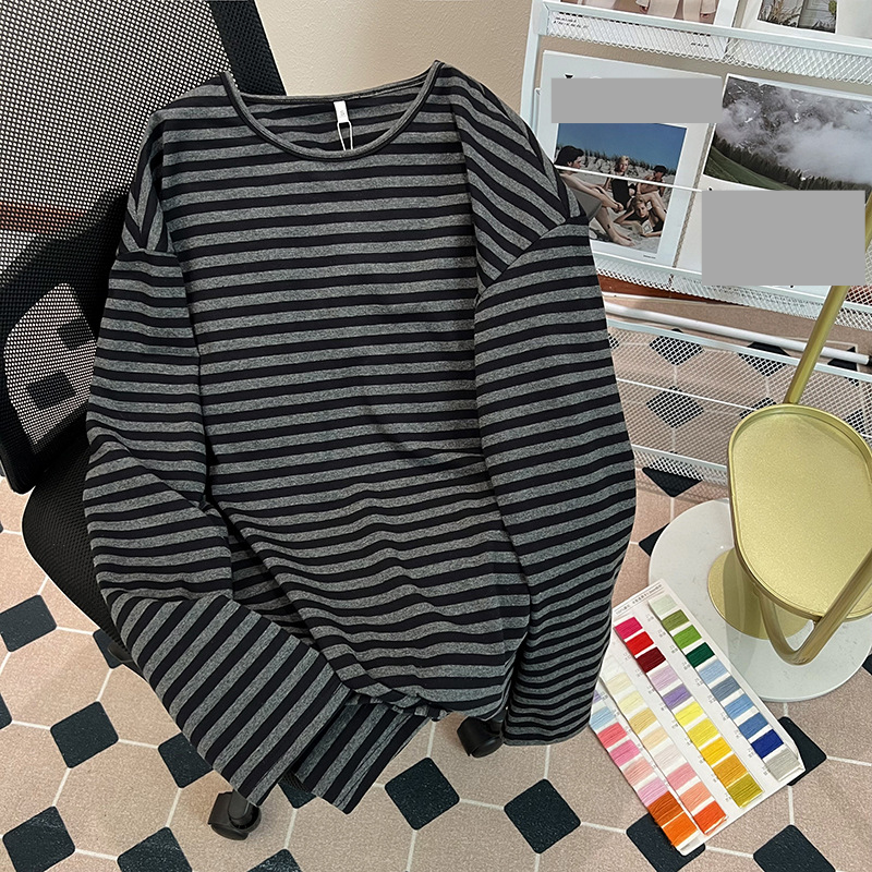 Women's Clothing shirt striped spring and autumn thin long sleeved T shirt women's medium long round neck loose large size women's clothing_autovado.com