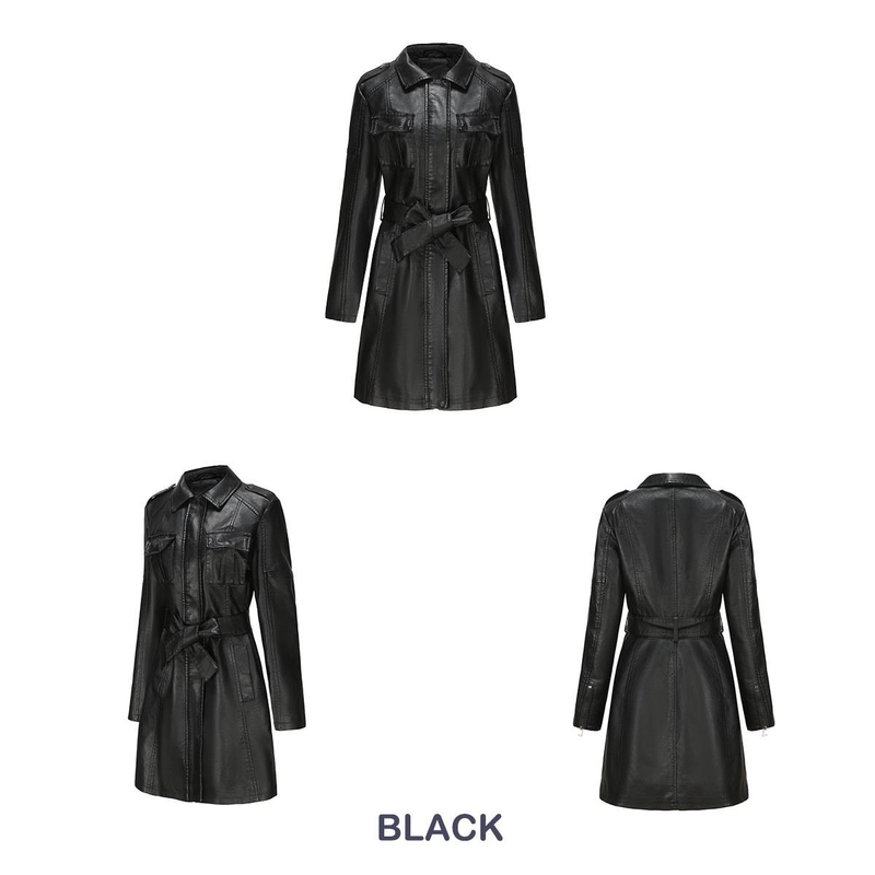 New mid-length leather coat with belt long-sleeved leather trench coat fashionable coat woman_autovado.com