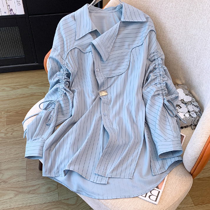 n mid-length striped blouse waist shirt slim chic top_autovado.com