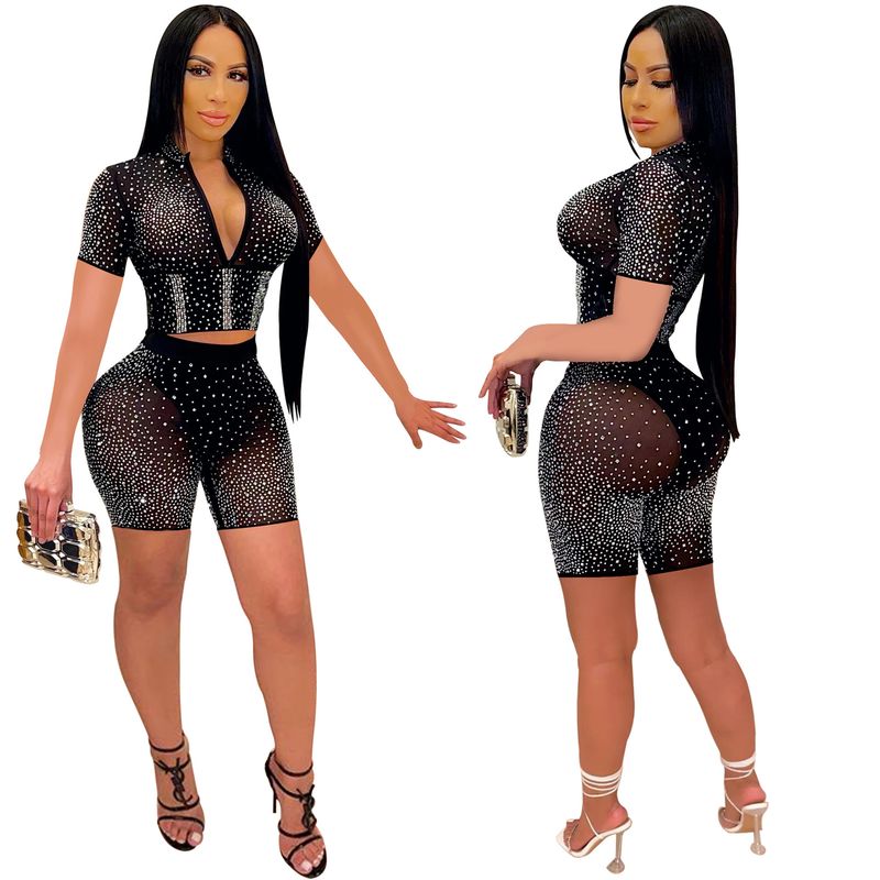 Women's Clothing fashion women's solid color mesh hot diamond short-sleeved shorts two-piece set_autovado.com
