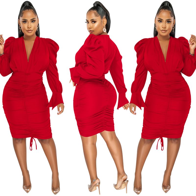 Women's Clothing fashion casual solid color long-sleeved pleated V-neck dress for women_autovado.com
