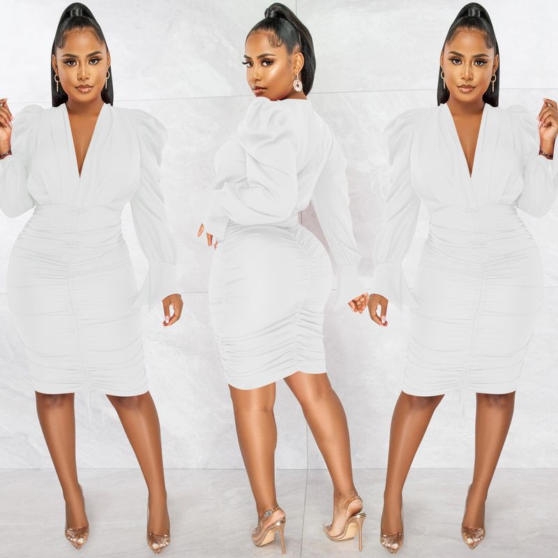 Women's Clothing fashion casual solid color long-sleeved pleated V-neck dress for women_autovado.com