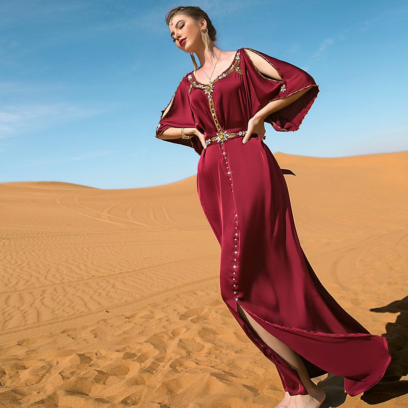Women's clothing Burgundy off-shoulder hand-stitched diamond design dress Middle Eastern party holiday gift_autovado.com