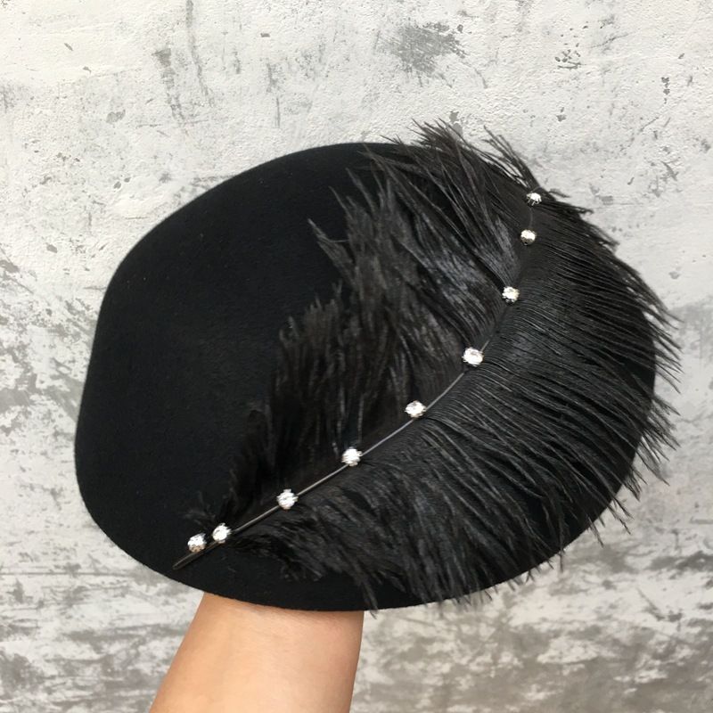 Hot Sale Women Vintage Beret Decorate Winter Ladies Fedoras Socialite Black Pearls Feather Wool Felt Fascinator Pillbox Tilt Hat_autovado.com