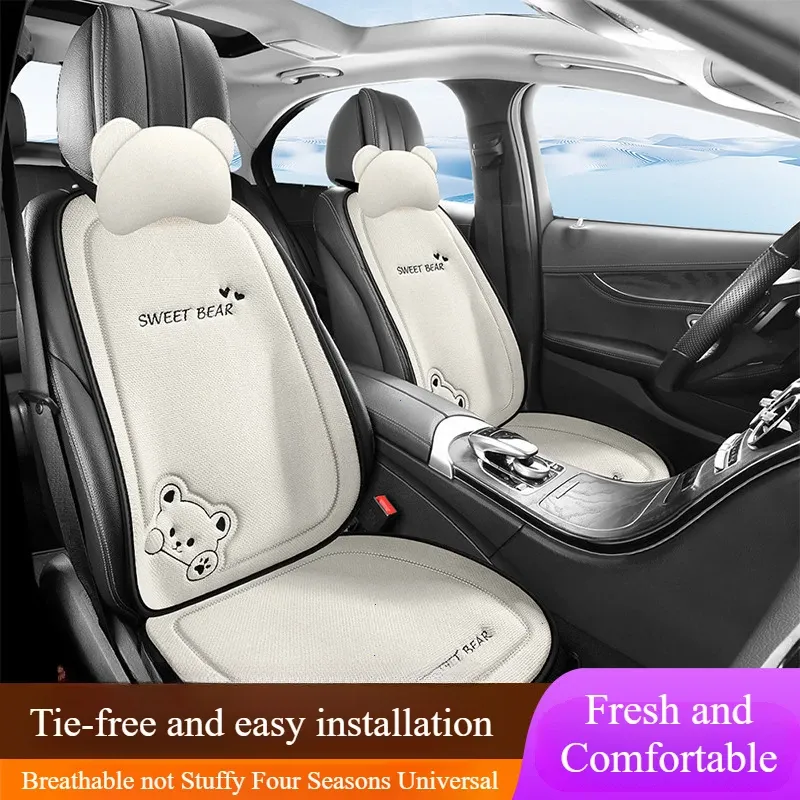 Fashion Linen Cartoon Bear Women's Cute Anti-slip Breathable Car Seat Protect Cushion Cover Universal_autovado.com