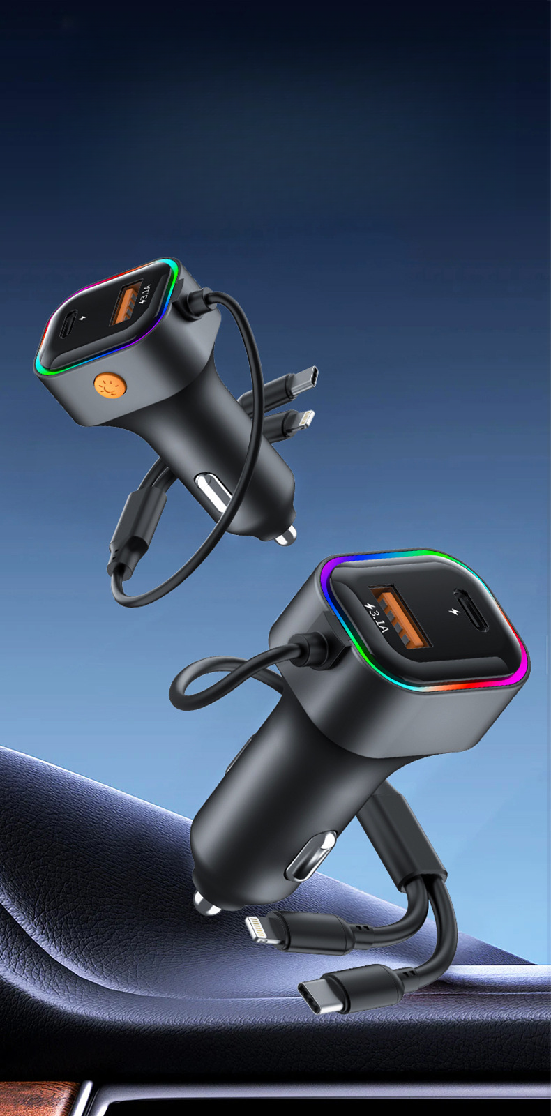 USB One To Two With Cable Charger, Multifunctional Car Phone Charger_autovado.com