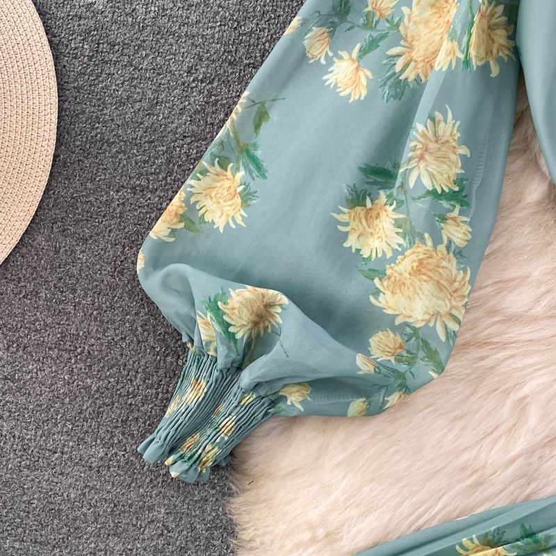 Women's Clothing light mature style, lantern long sleeves, bowknot, loose printed chiffon shirt, two-piece suit, high waist skirt_autovado.com