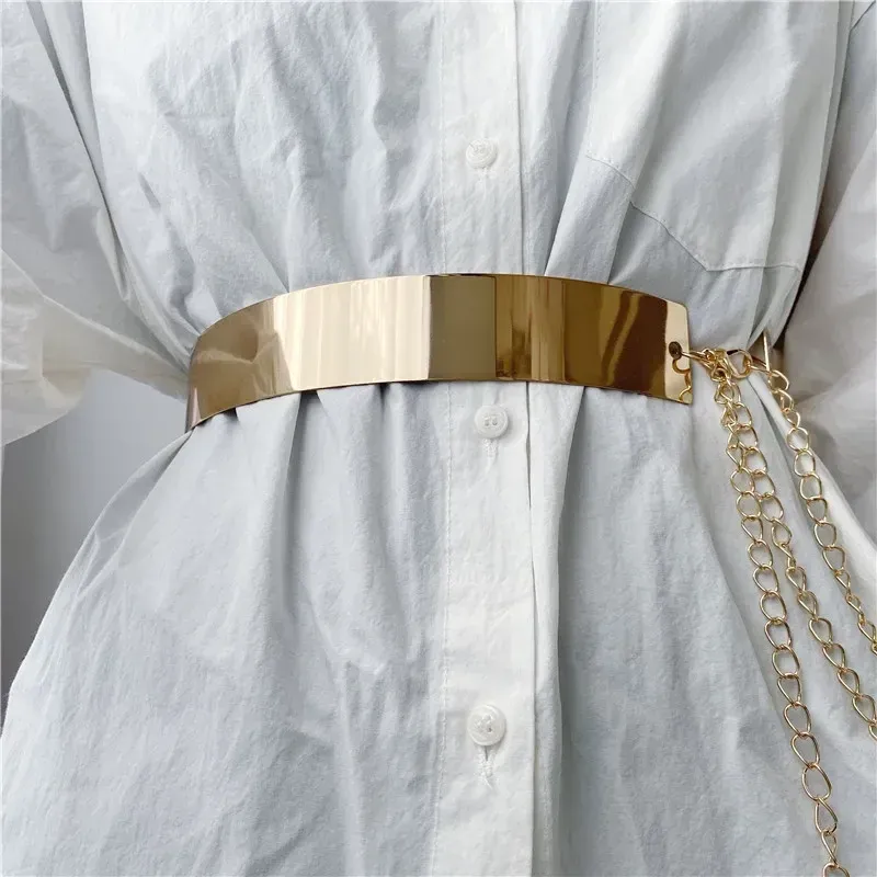 HOT New Women Adjustable Metal Designer Belt Fashion Ladies Dress Bling Gold Sier Mirror Vintage Waistband with Waist Chain_autovado.com