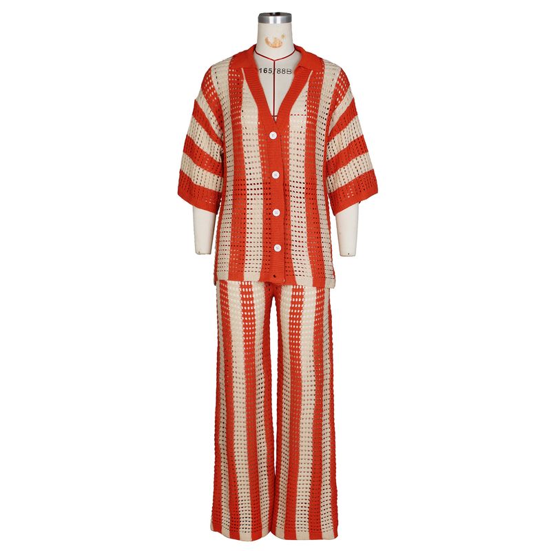 Women's Clothing sexy ladies V-neck hollow striped lapel knitted wide pants suit_autovado.com