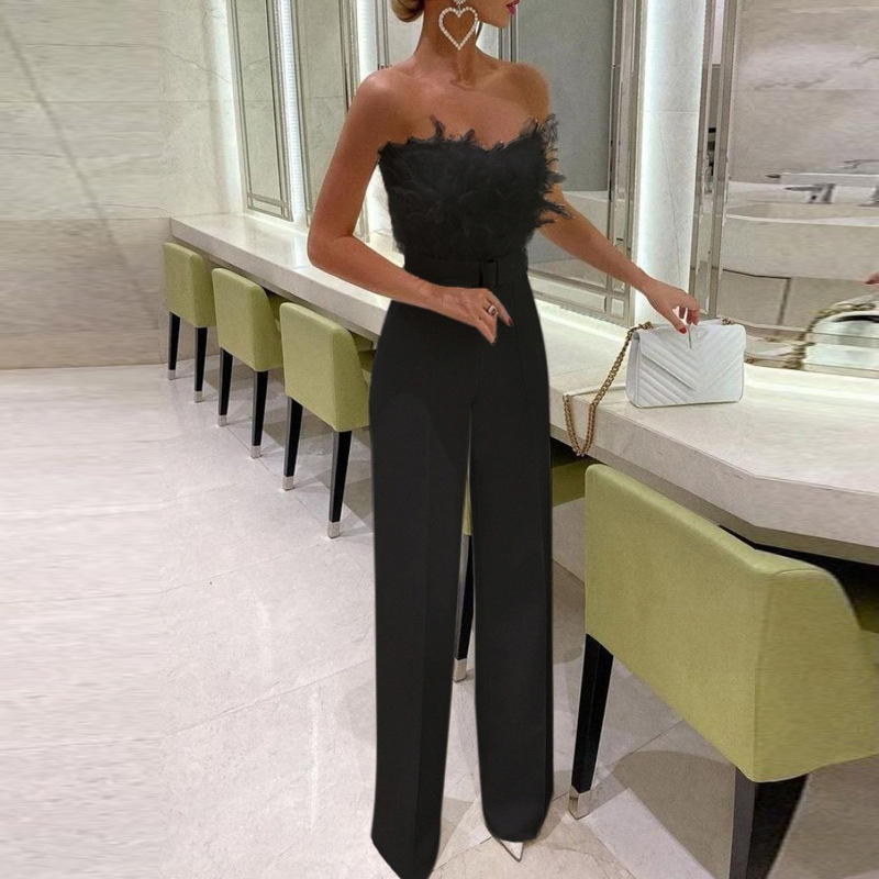 Women's feather patchwork sexy strapless fashion dress wide leg jumpsuit_autovado.com