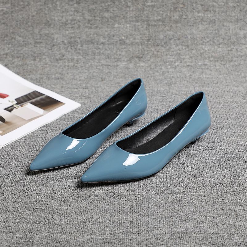 Spring new commuter style pointed head medium low heel single shoes women's thin heel patent leather work shoes women's black_autovado.com