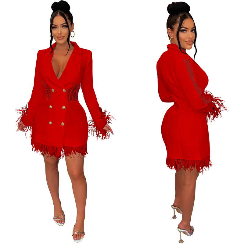 Women's fashion women's V-neck long-sleeved double-breasted tassel openwork dress_autovado.com