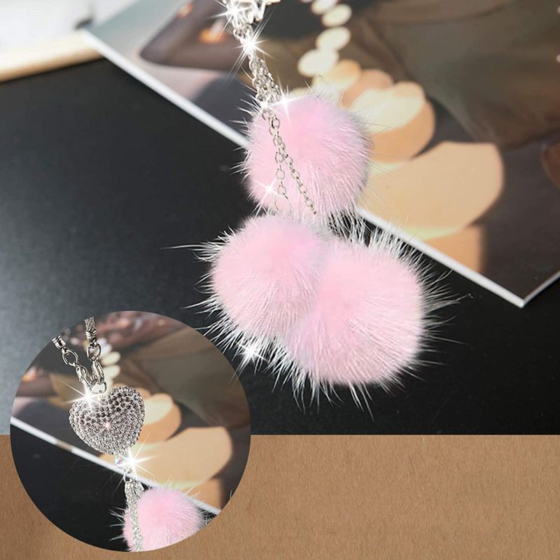 New Heart Hair Ball Rearview Mirror Decoration Car Diamond Pendant Female_autovado.com
