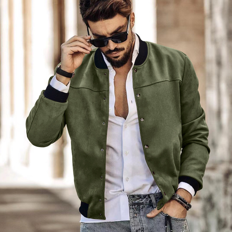 Man's clothing Suede stand collar men's button-up cardigan jacket casual trendy coat for men_autovado.com