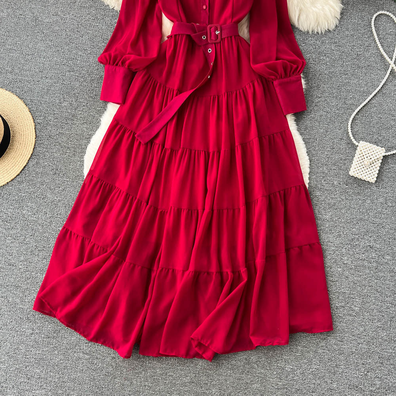 Women's V-neck Single Breasted Chiffon French Vintage Waist Slimming Big Swing A-line Long Skirt_autovado.com