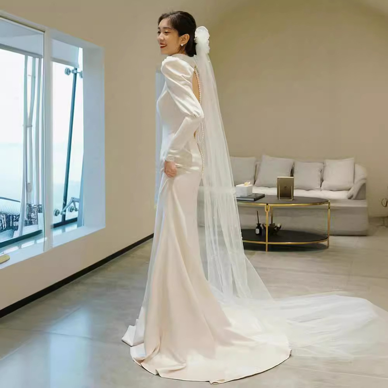 women's light wedding dress, simple slim fit, slim satin evening dress, long sleeves, backless, welcome yarn with small tail_autovado.com
