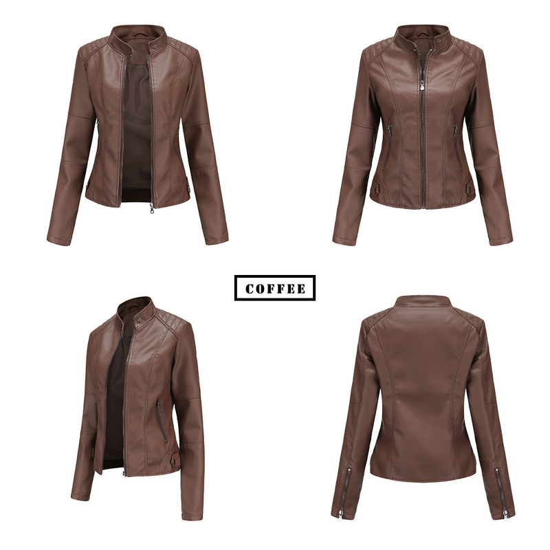 Women's slim jacket Jacket Women's biker jacket large size standing collar leather jacket_autovado.com