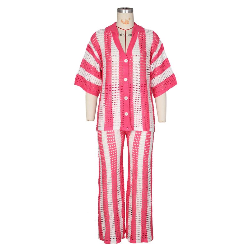 Women's Clothing sexy ladies V-neck hollow striped lapel knitted wide pants suit_autovado.com