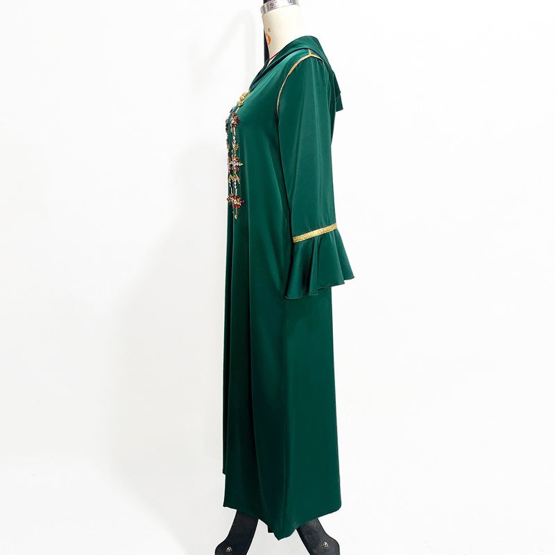 A815 dark green trumpet sleeves front slit walnut satin robe Dubai party banquet dress_autovado.com