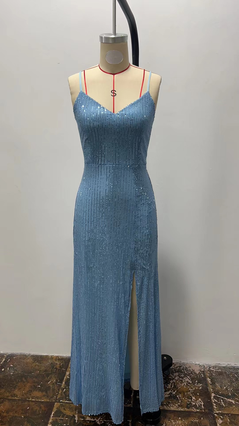 European and American party nightclub evening dress oblique shoulder slit sky blue sequined dress_autovado.com