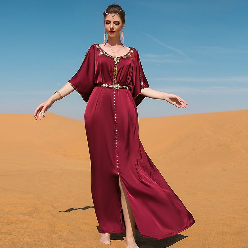 Women's clothing Burgundy off-shoulder hand-stitched diamond design dress Middle Eastern party holiday gift_autovado.com