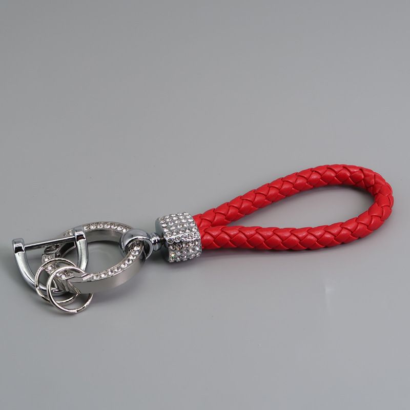 Car Keychain Pendant Diamond-encrusted Keychain Ring Hand Woven Leather Rope Anti-loss D Key Chain_autovado.com