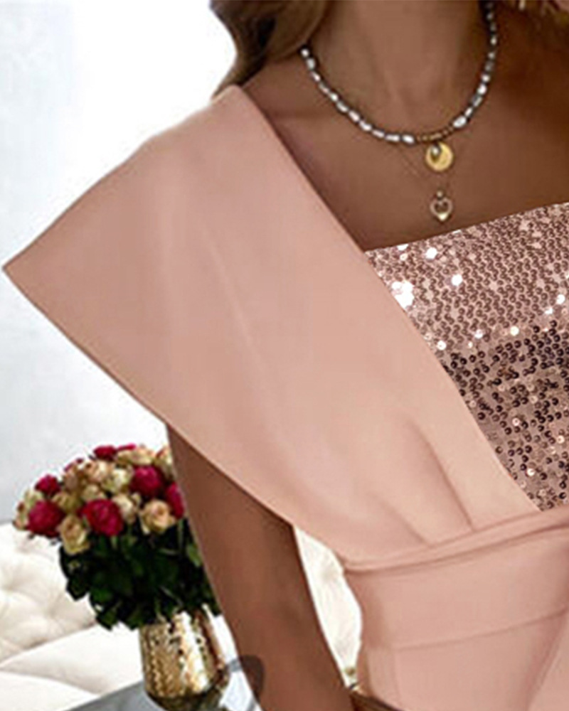 Women's Pink One-shoulder Design Sequin Patchwork Slim Slit Dress With Belt_autovado.com