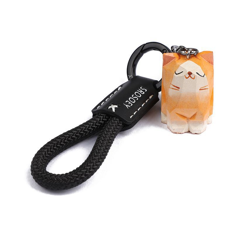Hand Carved Wood Carved Cat Peace Six Word Mantra Braided Keychain Chain Ring Car Schoolbag Pendant Exquisite Pendant_autovado.com
